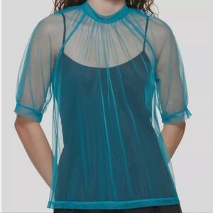 DKNY Blue Sheer Tulle Puff Sleeve Overlay Top